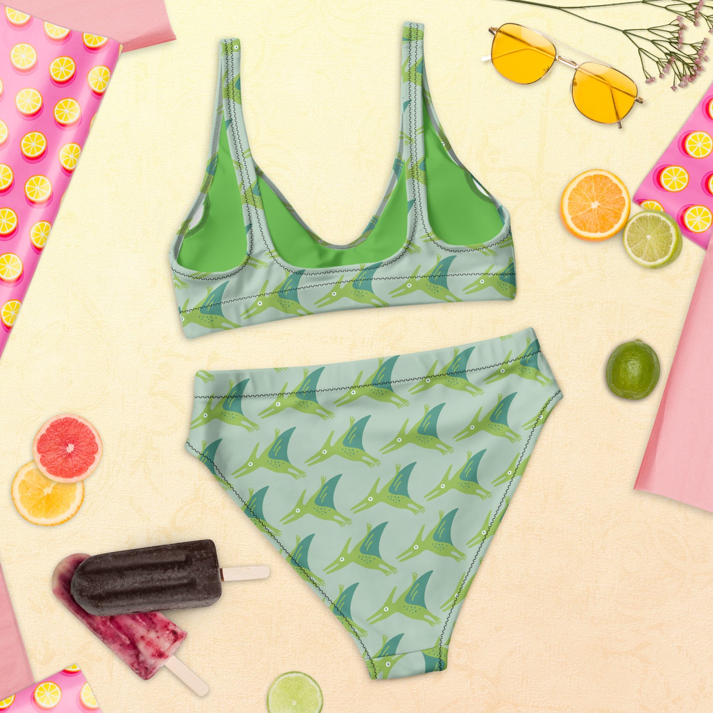 Recycled high-waisted bikini "Green Dino"