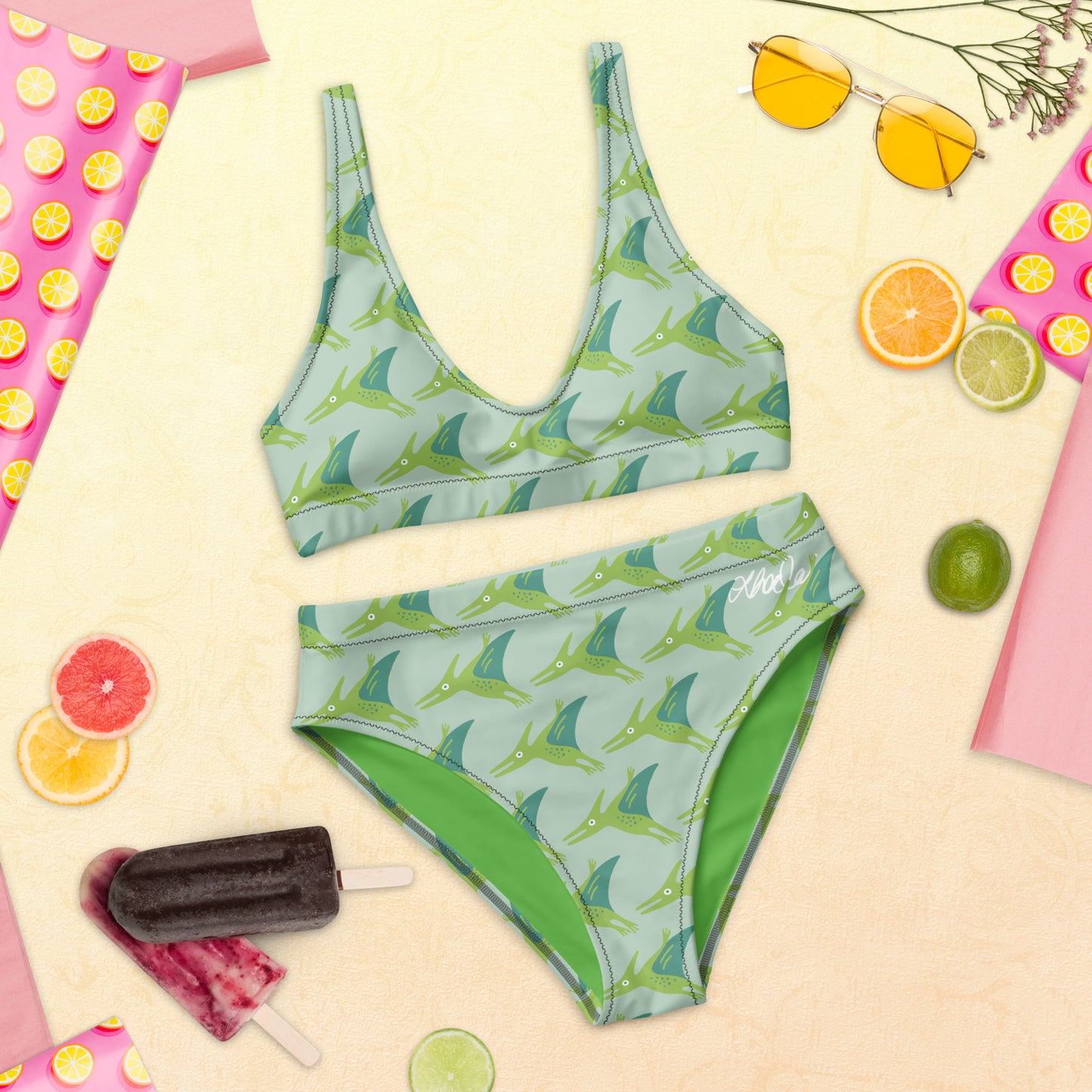 Recycled high-waisted bikini "Green Dino"