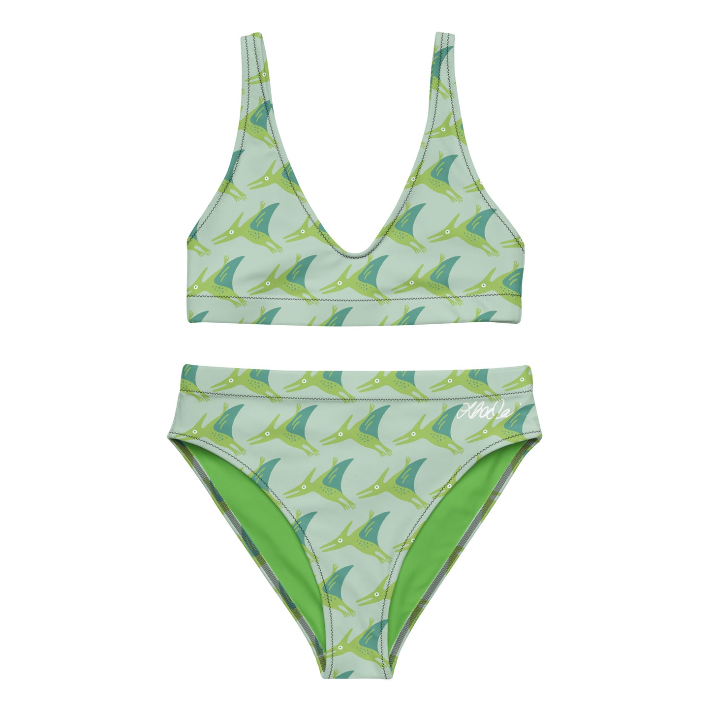 Recycled high-waisted bikini "Green Dino"